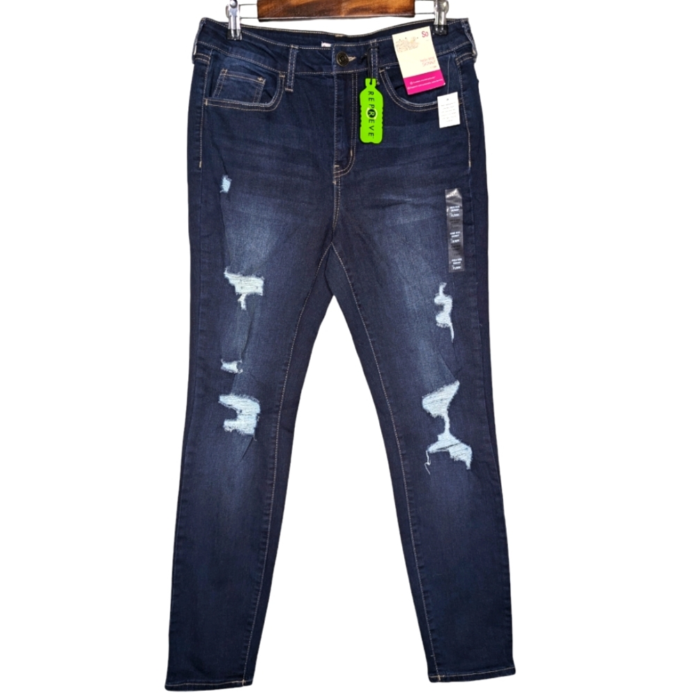 SO New High Rise Skinny Distressed Ripped Dark Wash Blue Jeans Size 11/30W NWT